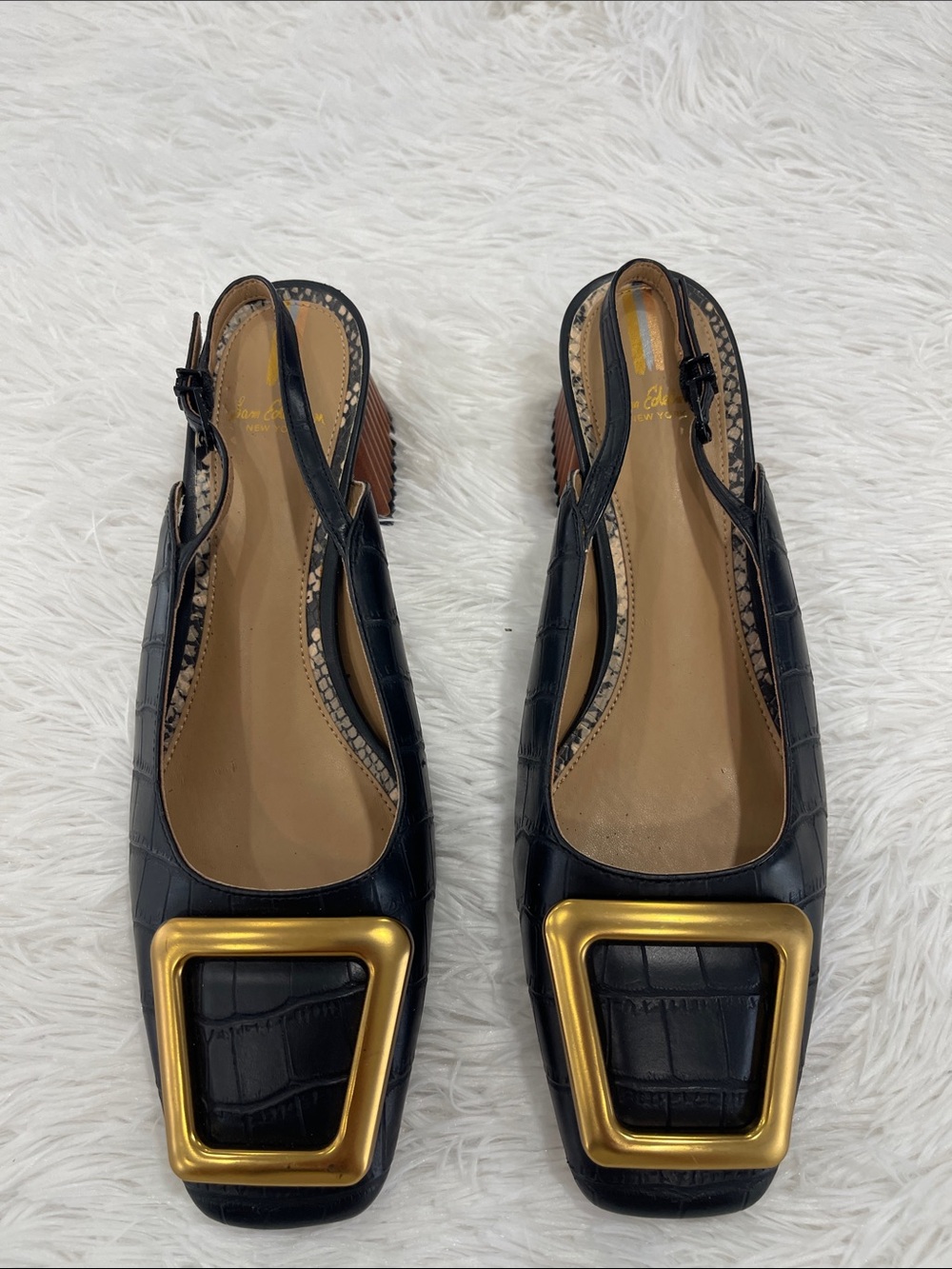 Sam Edelman Black Faux-Croc Slingback Flats with Gold Buckles